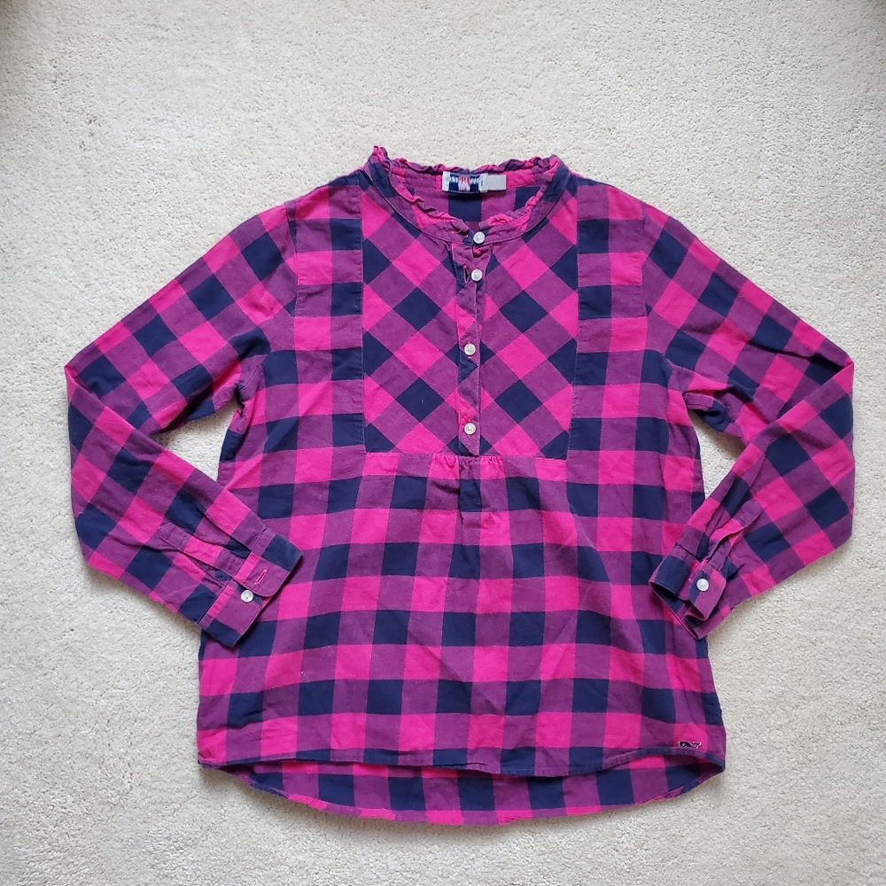 Vineyard Vines Girls Magenta/Navy Gingham Plaid Flannel Shirt szL (14)